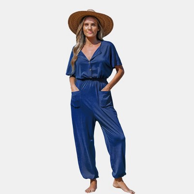 Women's Navy Front Button Straight Leg Jersey Jumpsuit - Cupshe