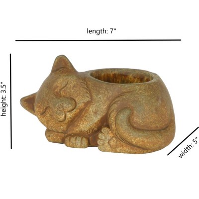 Small Rust Brown Cement Sleeping Cat Planter with Drainage Hole