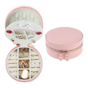 Unique Bargains Portable PU Leather Mini Round Travel Jewelry Box with Mirror - 1 of 4