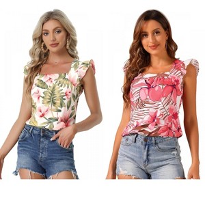 INSPIRE CHIC Women's Tropical Floral Printed Square Neck Ruffle Sleeve Tank Top 2 Packs - 1 of 4