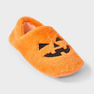 Women's Pumpkin Glitter Embroidered Halloween Faux Fur Slipper Socks with Grippers - Hyde and EEK Boutique™ Orange/Black