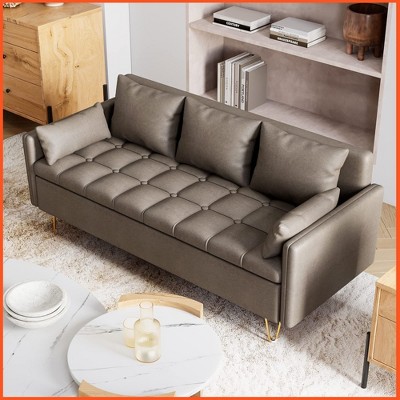 3-Seater Faux Leather Sofa with Lift-Up Storage, Modern Design Couch with Hand Stitched Comfortable Cushion