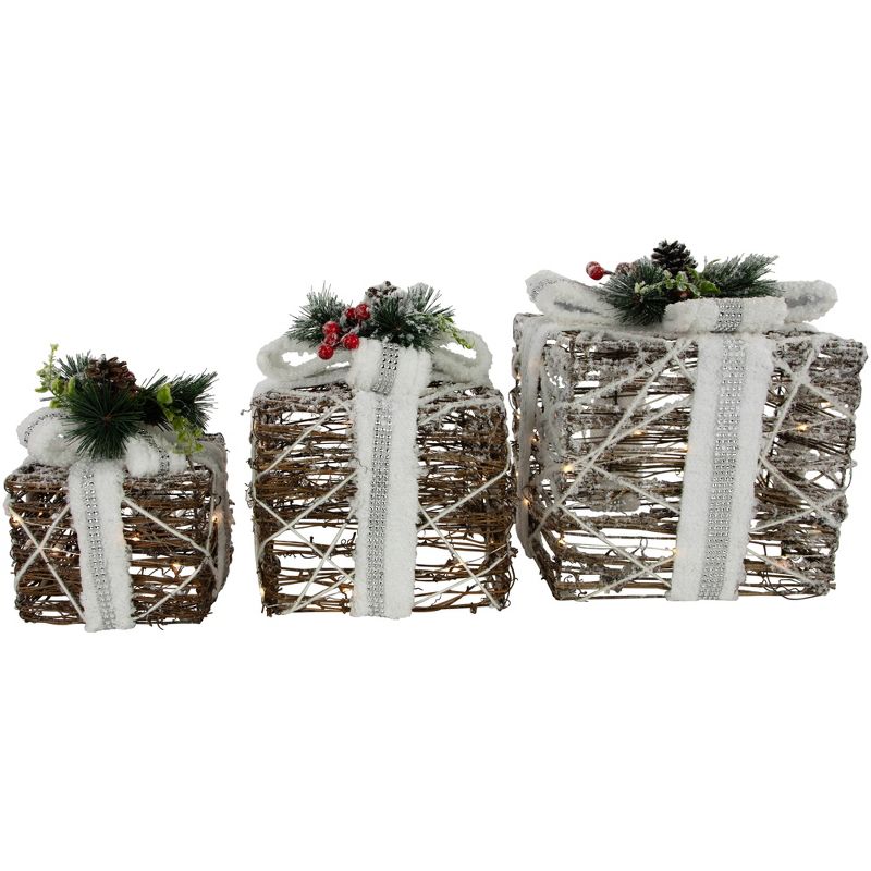 Northlight Set of 3 LED Lighted Gift Boxes with Pine and Berries Christmas Decorations 9.75", 3 of 7