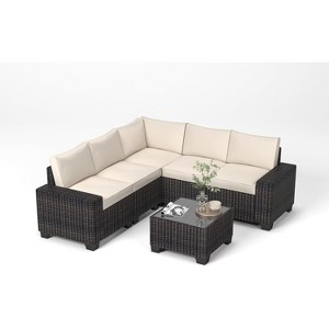 Jojoka 6-Piece PE Rattan Patio Sofa Set, Sectional with Coffee Table, Cushions for Backyard, Balcony, Poolside Seating - 1 of 4