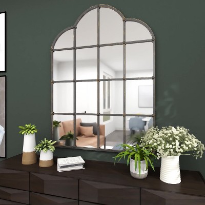 Arched Black Metal Window Pane Wall Mirror