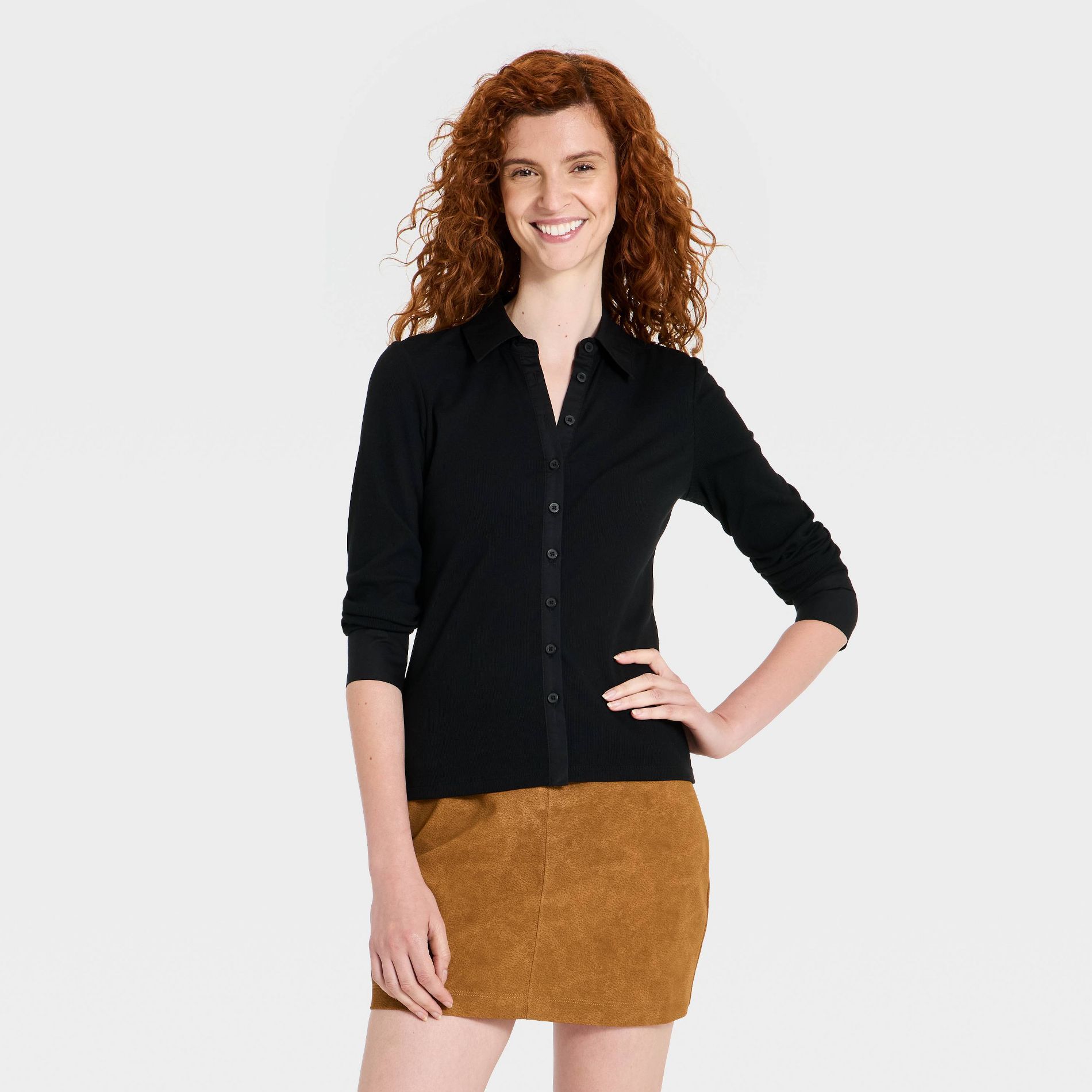 Women's Ribbed Collared Button-Up Top - A New Day™
