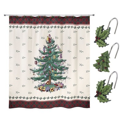 Spode Christmas Tree Tartan Shower Curtain & Shower Hook Set