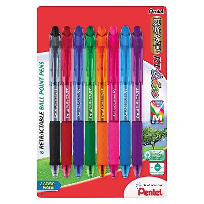 Pentel R.S.V.P. RT Ballpoint Retractable Pen, Assorted Ink, 8/Pk