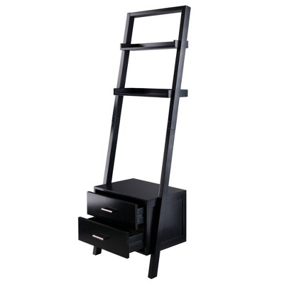 Bellamy Sleek Black Wood Leaning Ladder Bookcase with Storage