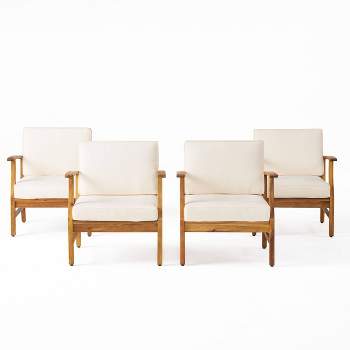 Perla 4pk Acacia Wood Club Chairs - Teak/Cream - Christopher Knight Home