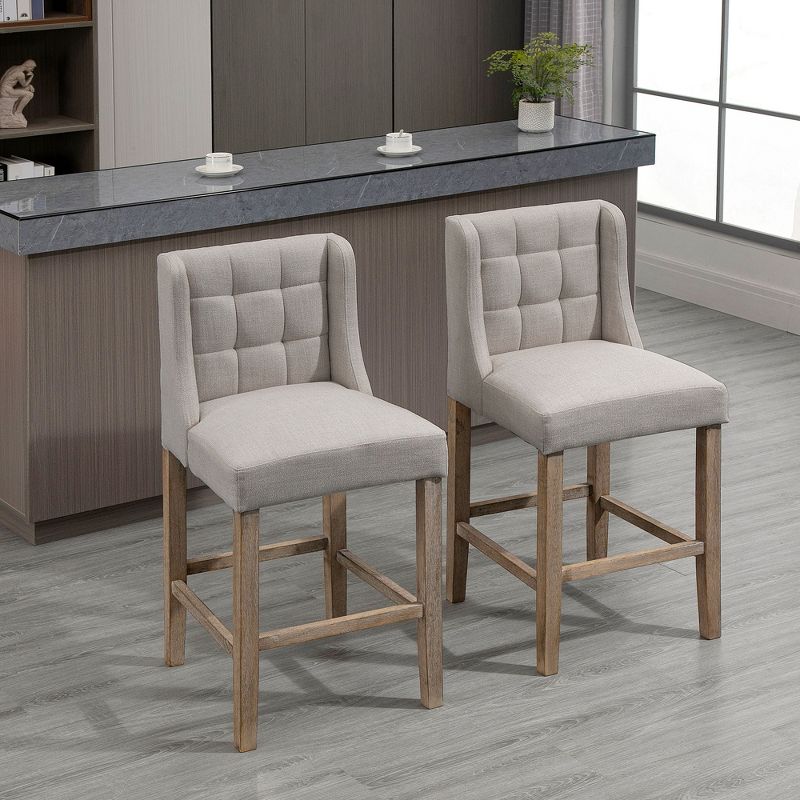 HOMCOM Bar Stools, Tufted Upholstered Barstools, Pub Chairs with Back, Rubber Wood Legs for Kitchen, Dinning Room, Set of 2, 5 of 7