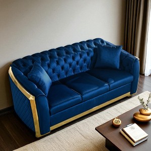 84-Inch Velvet Luxury Chesterfield Sofa Set, 3-Seat Tufted Couch with Gold Stainless Steel Frame for Living Room - 1 of 4