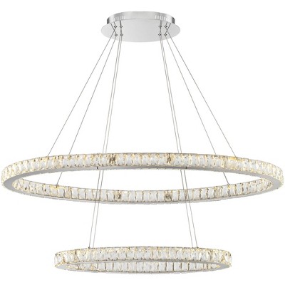 Possini Euro Design Chrome Pendant Chandelier 48" Wide Modern Dimmable LED Crystal Double Rings Dining Room House Foyer Kitchen