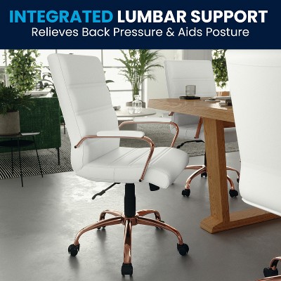 Mid-Back White LeatherSoft Executive Chair with Rose Gold Metal Base