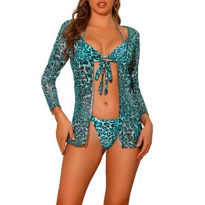 Elerevyo Women's Halter Leopard Print Lace Up Mesh Cover Up Swimwear Bathing Suits 3 Pcs - 1 of 4