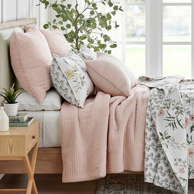 Blush Cotton Euro Shams with White Cross Stitching, Set of 2