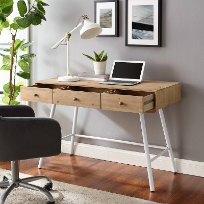 Natural Wood and White 3-Drawer Desk with Iron Legs