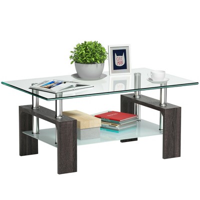 Wood Tempered Glass Top Coffee Table Rectangular W/ Shelf Home ...