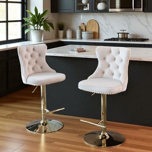 Mshliw Set of 2 Adjustable Swivel Velvet Barstools with Backrest, Tufted Upholstered Counter Chairs with Gold Base for Kitchen Island and Home Bar - 1 of 4