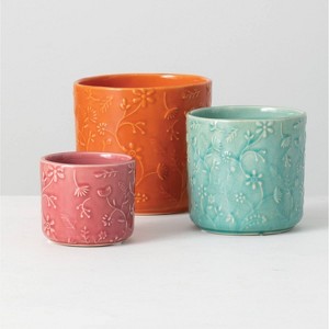 Sullivans Set of 3 Floral Relief Flower Planter 4.5"H, 4"H & 2.75"H Red - 1 of 4