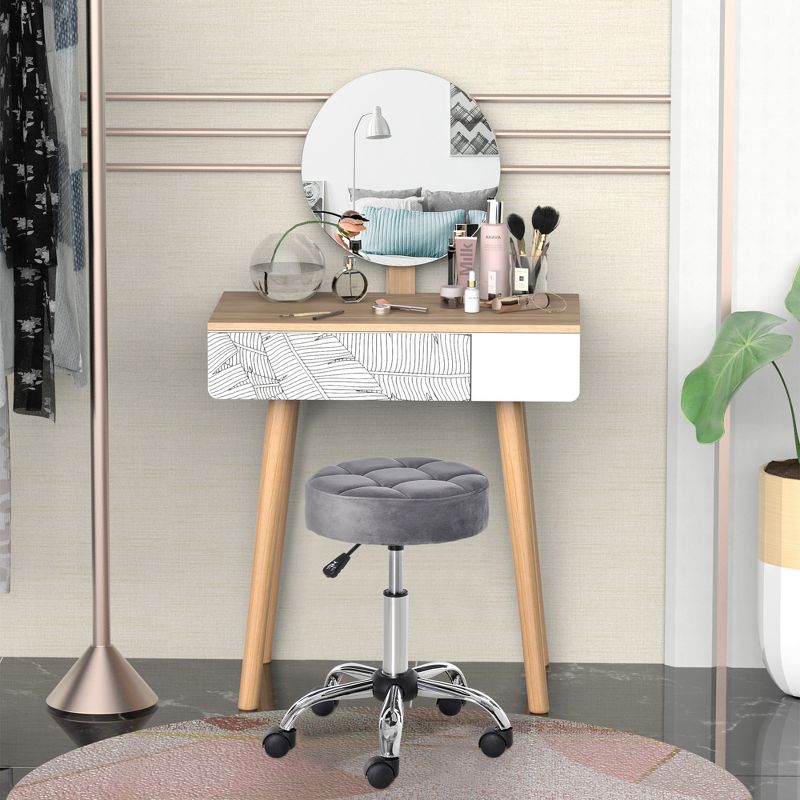 HOMCOM Round Vanity Stool with Height Adjustable Lift, Luxury Style Upholstery and Swivel Seat and Wheels, 2 of 10