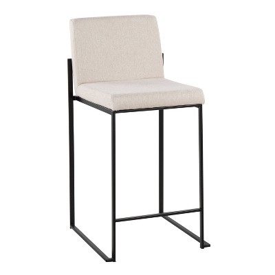 Set of 2 Beige Fabric and Black Steel High Back Counter Stools