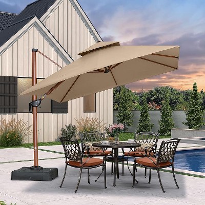 PURPLE LEAF Patio Large Cantilever Umbrella Outdoor Wood Grain Pattern Umbrella Pole Offset Umbrella Heavy Duty Sun Umbrellas for Garden Deck Pool