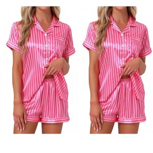 INSPIRE CHIC Women's 4 Pcs Striped Silky Satin Sleepwear Button-Up Shirt & Shorts 2025 Lounge Set - 1 of 4