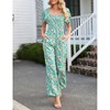 Women's Summer Smocked Jumpsuits Casual Square Neck Short Sleeve High Waist Wide Leg Rompers with Pockets - 2 of 4