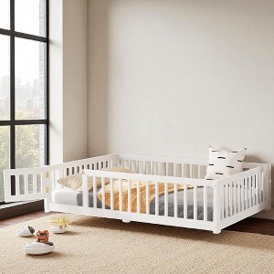 Mshliw Twin/Full/Queen Size Kids Floor Bed with Safety Guardrails and Door, Montessori Style Wooden Platform Bed Frame for Toddlers, Children Bedroom - 1 of 4