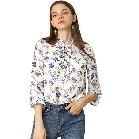 Allegra K Women's Ruffle Collar 3/4 Sleeve Tie Neck Chiffon Floral Blouse  White X-small : Target