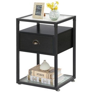 VECELO Nightstand Set of 1, Glass Top Bedside Table with Drawer & Shelf for Living Room or Bedroom, Black - 1 of 4