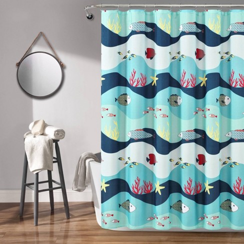 72 x 72 Lush Decor Navy Whale Shower Curtain-Fabric Ocean Fish Animal Print Design for Kids