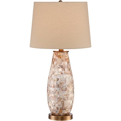 Regency Hill Cottage Table Lamp Mother of Pearl Tile Vase Beige Drum Shade for Living Room Family Bedroom Bedside Nightstand