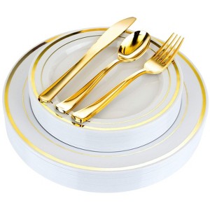125-Piece White and Gold Plastic Disposable Dinnerware Set - 1 of 4