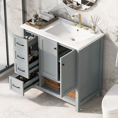 TUYOHW Bathroom Vanity with Sink Top, Bathroom Vanity Cabinet with Two Doors and Two Drawers, Open Shelf with One Package