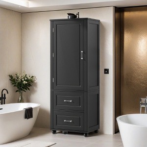Tall Bathroom Storage Cabinet, Freestanding Storage Cabinet with Two Drawers and Adjustable Shelf, MDF Board with Painted Finish - Leovsnove - 1 of 4