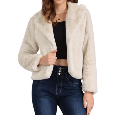 Seta T Women's Fashion Long Sleeve Faux Fur Fluffy Notch Lapel Cropped Jacket