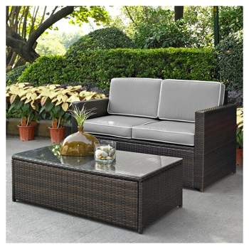 Palm Harbor 2pc Outdoor Wicker Seating Set with Gray Cushions- Loveseat & Glass Top Table - Crosley