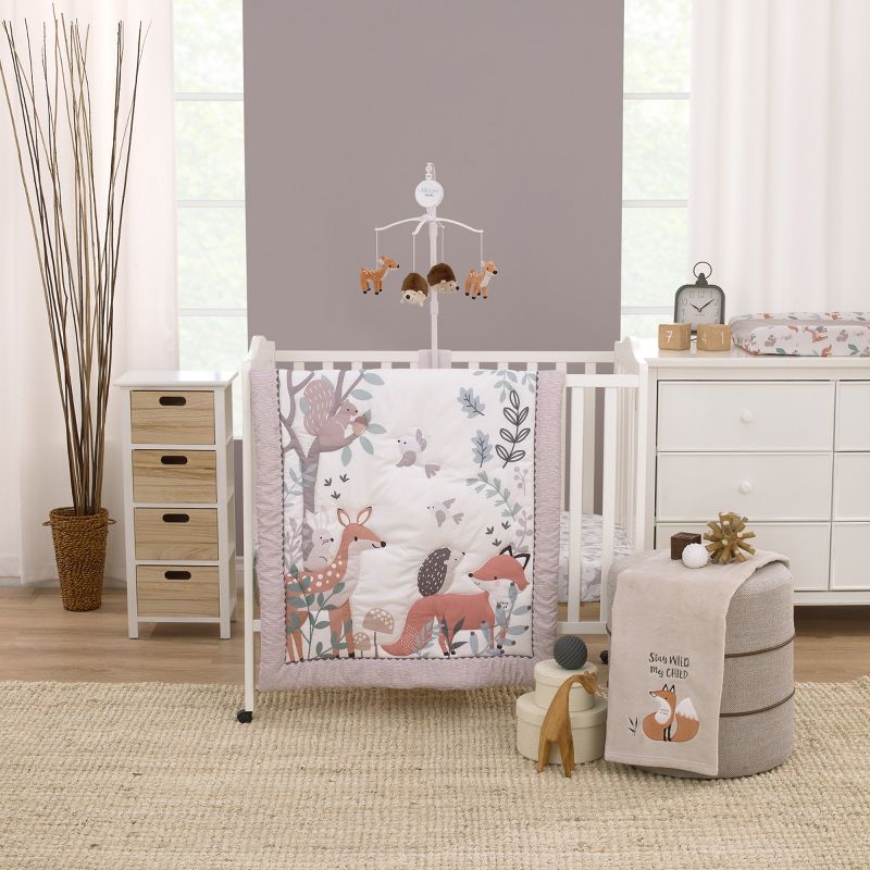 Little Love by NoJo Woodland Meadow Taupe, Sage and White, Fox, Deer, and Hedgehog 3 Piece Nursery Mini Crib Bedding Set, 1 of 7