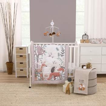 Little Love by NoJo Woodland Meadow Taupe, Sage and White, Fox, Deer, and Hedgehog 3 Piece Nursery Mini Crib Bedding Set