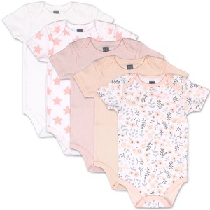 The Peanutshell Baby Girl Short Sleeve Bodysuit Set, 5 Pack, Blush Floral and Stars, Newborn to 24 Months - 1 of 4