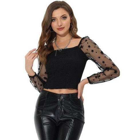 Allegra K Women's Square Neck Blouse Star Print Mesh Sheer Long Sleeve  Textured Crop Top Black X-small : Target