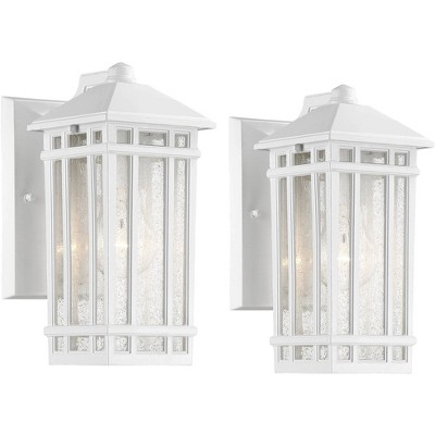 Kathy Ireland Mission Outdoor Wall Light Fixtures Set of 2 White Metal 10 1/2" Clear Seedy Glass for Exterior Deck House Porch Yard Patio Outside
