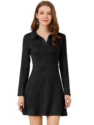 INSPIRE CHIC Women's Regular Fit Faux Suede Lapel Neck Long Sleeve Elegant A-Line Mini Dress