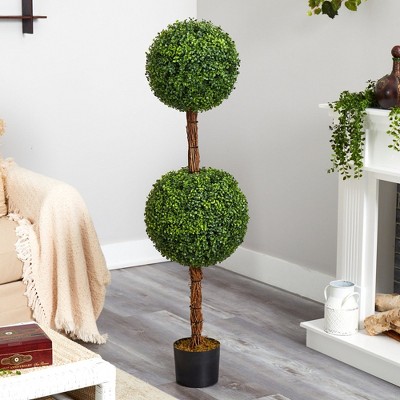 Elegant 54" Double Ball Boxwood Topiary in Black Planter