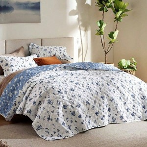 Reversible Blue White Floral Quilt, Daisy Design Microfiber Coverlet for All Seasons 106x96 - 1 of 4