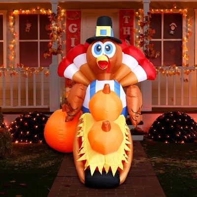 Joyfy 6 FT Thanksgiving Inflatable Turkey Pushing Cart with Built-in LEDs, Pumpkin Turkey for Indoor Outdoor Party Yard Garden, Blow Up Decoration