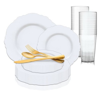 Smarty Had A Party Solid White Round Blossom Disposable Plastic Wedding Value Set - 120 Sets