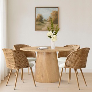 5-Pcs Dining Set,46" Oak Round Dining Table with Upholstered Linen Armrest Dining Chairs for Dining Room-Tanpinhause - 1 of 4